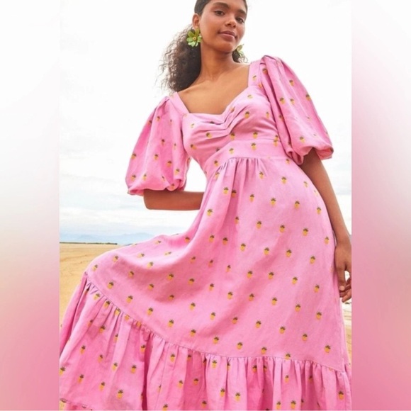 Farm Rio Linen Midi Dress Pink Embroidered Pineapple Size Small NWT - Picture 1 of 12